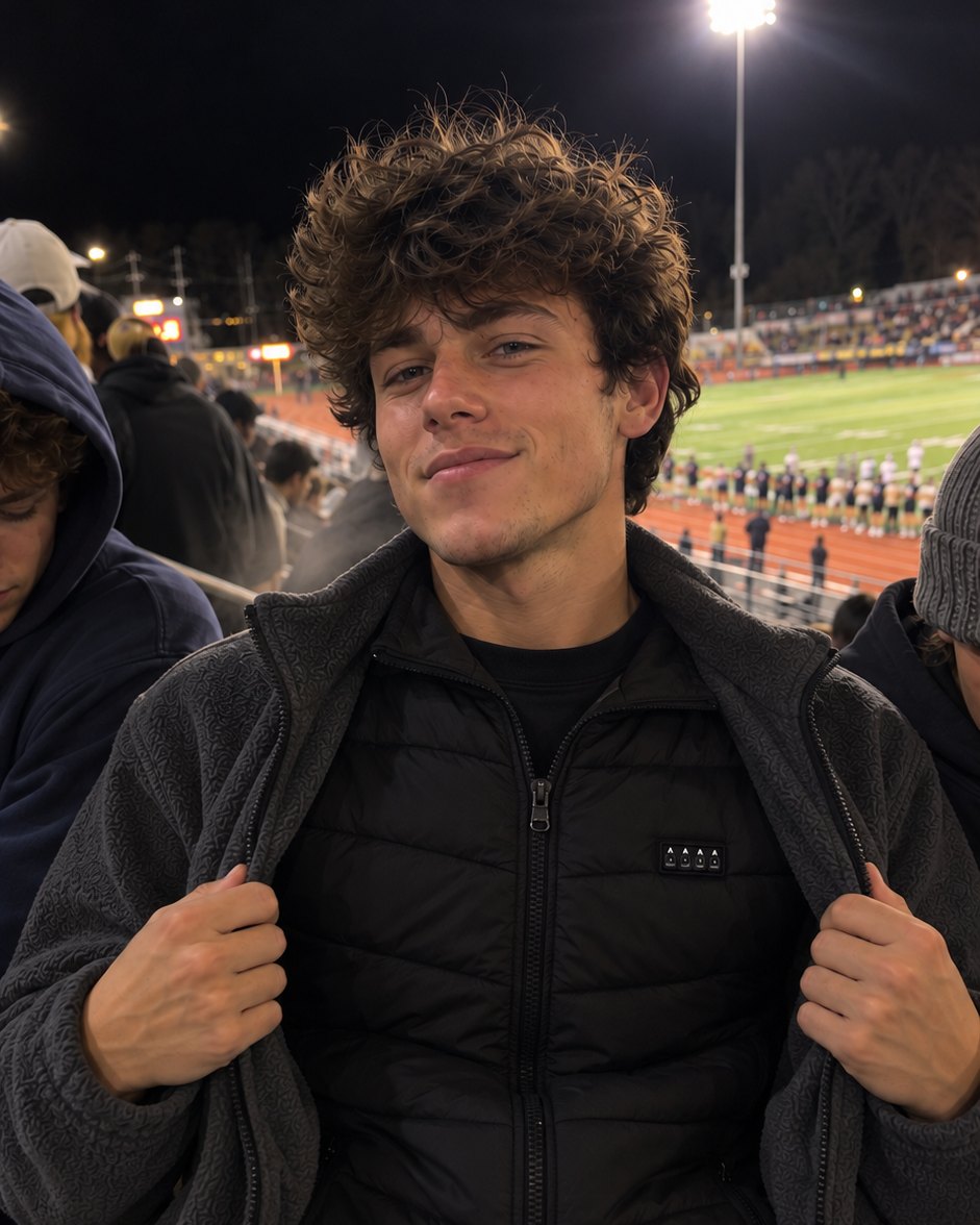 Guy at a night football game pulling his fleece open to show the black NØRTHEN heated vest
