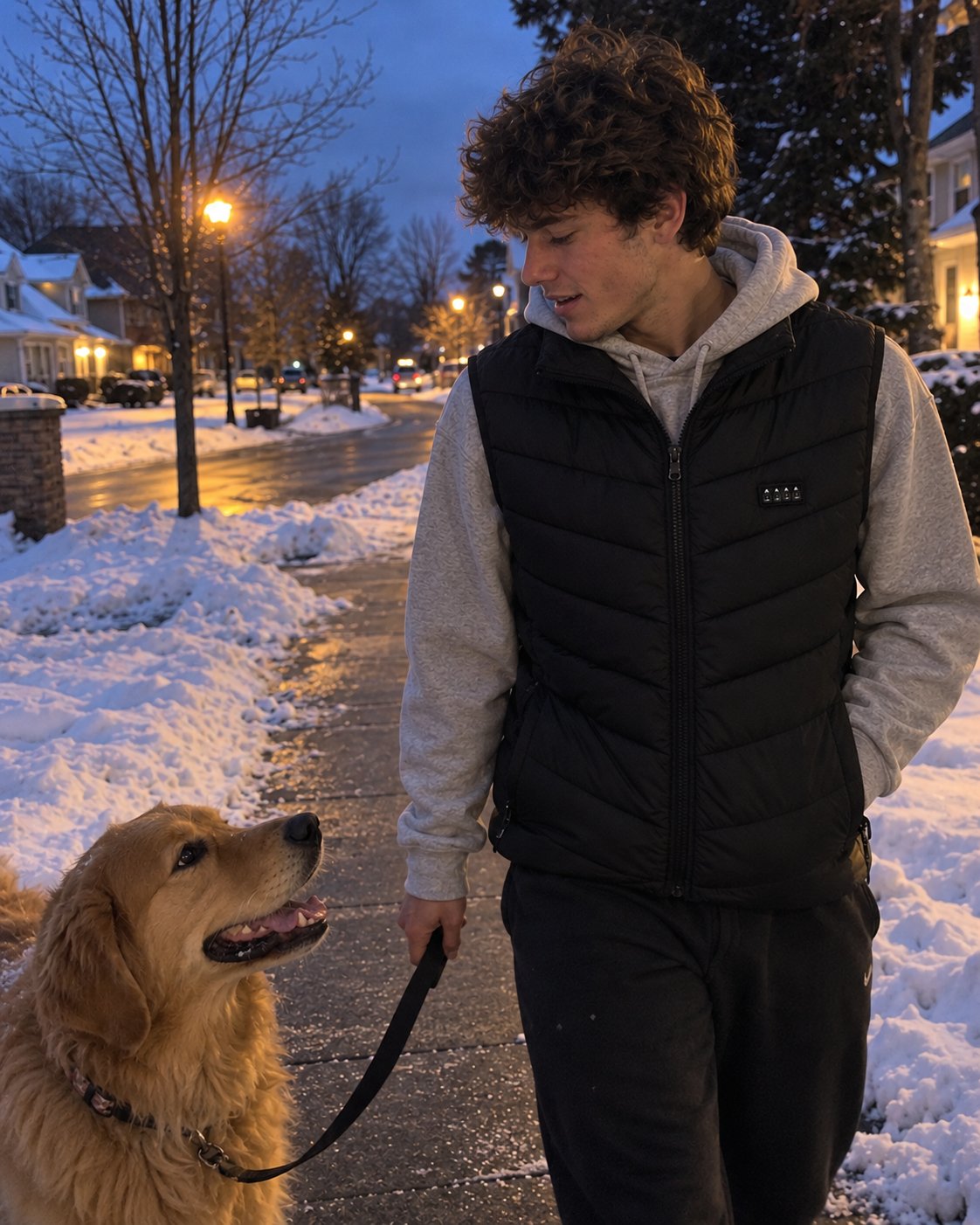 Man in the heated vest walking a dog on a snowy street at dusk
